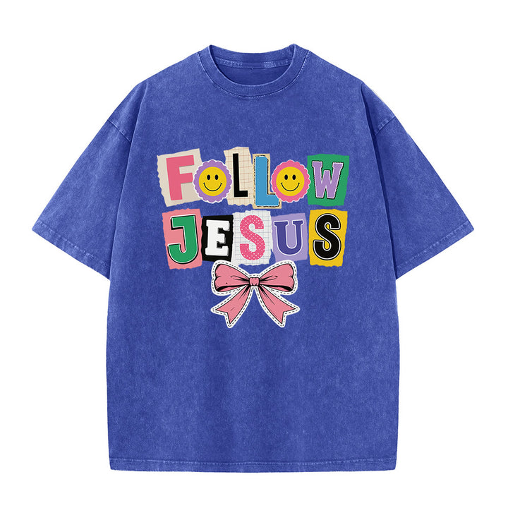 Christianartworkshop Scrapbook-Brief „Folge Jesus“ Smiley-Verzierung Schleifenornament Gewaschenes T-Shirt - Blau - 5XL - image 5