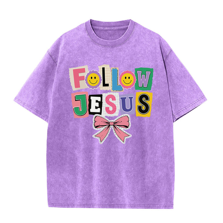 Christianartworkshop Scrapbook-Brief „Folge Jesus“ Smiley-Verzierung Schleifenornament Gewaschenes T-Shirt - Lila - 5XL - image 6