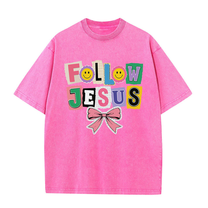 Christianartworkshop Scrapbook-Brief „Folge Jesus“ Smiley-Verzierung Schleifenornament Gewaschenes T-Shirt - Rosa - 5XL - image 7
