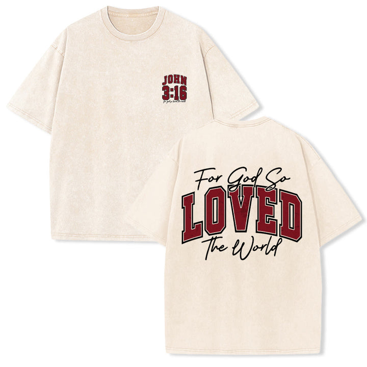 Christianartworkshop Linke Brustseite Johannes 3,16 Varsity-Schriftart Rückseite Denn so sehr hat Gott die Welt geliebt Waschbares T-Shirt - Beige - 5XL - image 9