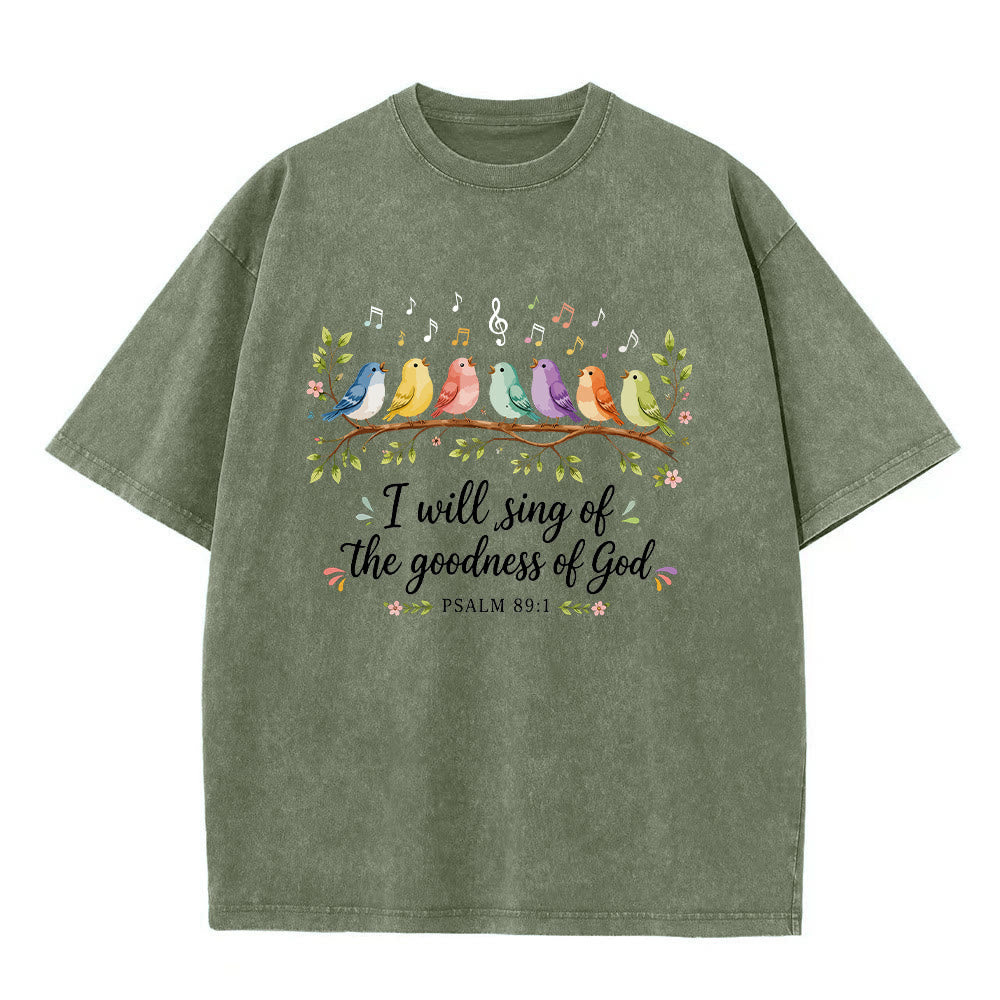 Christianartworkshop Ast, sitzende Singvögel, musikalische Note, Blumenmotiv, Psalm 89,1, Anbetung, gewaschenes T-Shirt - Armeegrün - 5XL - image 8