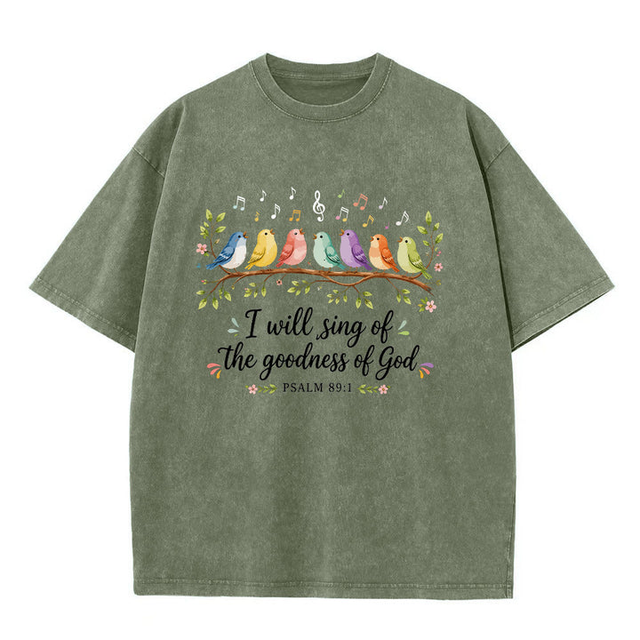 Christianartworkshop Ast, sitzende Singvögel, musikalische Note, Blumenmotiv, Psalm 89,1, Anbetung, gewaschenes T-Shirt - Armeegrün - 5XL - image 8