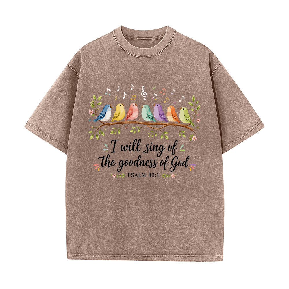 Christianartworkshop Ast, sitzende Singvögel, musikalische Note, Blumenmotiv, Psalm 89,1, Anbetung, gewaschenes T-Shirt - Braun - 5XL - image 0
