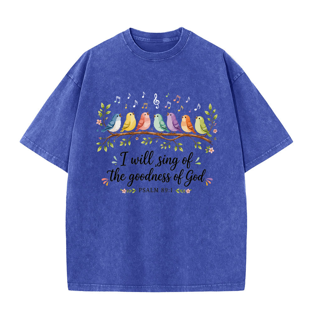 Christianartworkshop Ast, sitzende Singvögel, musikalische Note, Blumenmotiv, Psalm 89,1, Anbetung, gewaschenes T-Shirt - Blau - 5XL - image 5