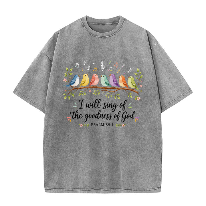 Christianartworkshop Ast, sitzende Singvögel, musikalische Note, Blumenmotiv, Psalm 89,1, Anbetung, gewaschenes T-Shirt - Grau - 5XL - image 1