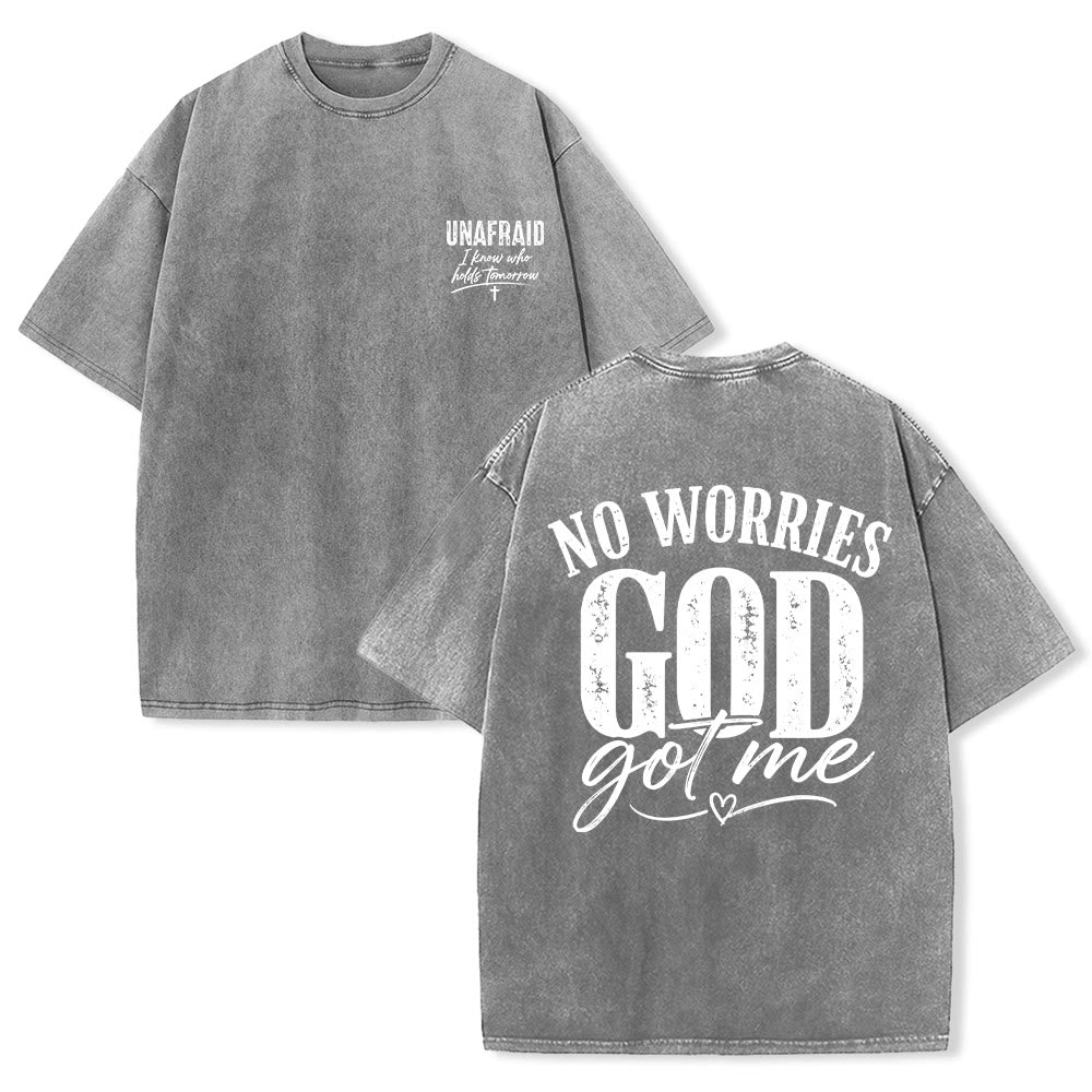 Christianartworkshop Linke Brust: Unafray Kreuzakzent; Rückseite: No Worries God Got Me Herzdetail; gewaschenes T-Shirt - Grau - 5XL - image 6