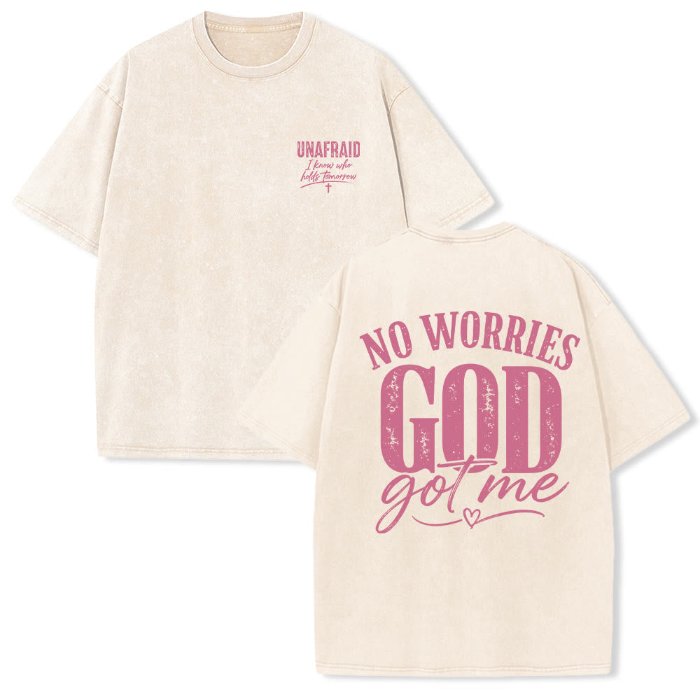 Christianartworkshop Linke Brust: Unafray Kreuzakzent; Rückseite: No Worries God Got Me Herzdetail; gewaschenes T-Shirt - Beige - 5XL - image 15