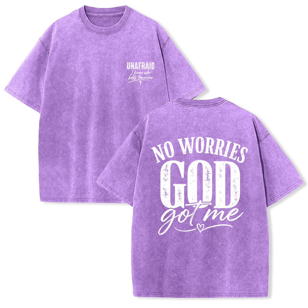Christianartworkshop Linke Brust: Unafray Kreuzakzent; Rückseite: No Worries God Got Me Herzdetail; gewaschenes T-Shirt - Lila - 5XL - image 18