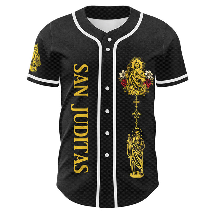 Christianartworkshop Vorderseite: Vertikales Rosenkranz-Motiv der Heiligen San Juditas; Rückseite: Porträt der Heiligen Lilie und Taube; Baseballtrikot mit Knopfleiste - image 7