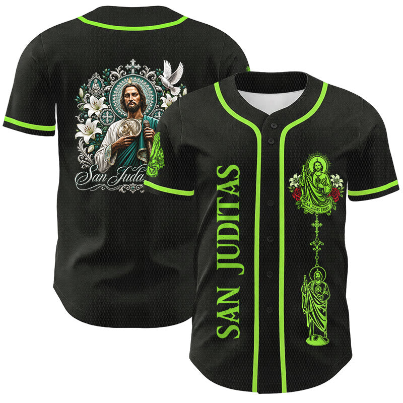 Christianartworkshop Vorderseite: Vertikales Rosenkranz-Motiv der Heiligen San Juditas; Rückseite: Porträt der Heiligen Lilie und Taube; Baseballtrikot mit Knopfleiste - Schwarz - Grün - 5XL - image 0