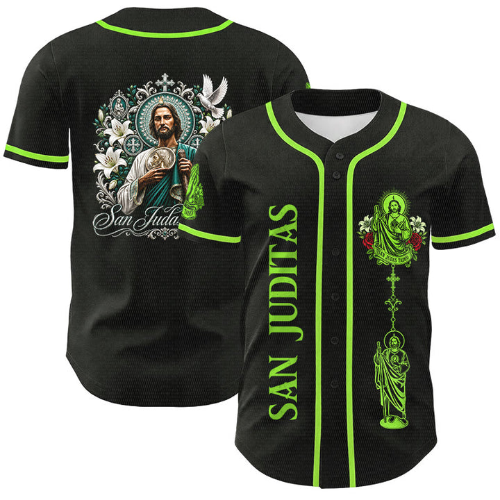 Christianartworkshop Vorderseite: Vertikales Rosenkranz-Motiv der Heiligen San Juditas; Rückseite: Porträt der Heiligen Lilie und Taube; Baseballtrikot mit Knopfleiste - Schwarz - Grün - 5XL - image 0