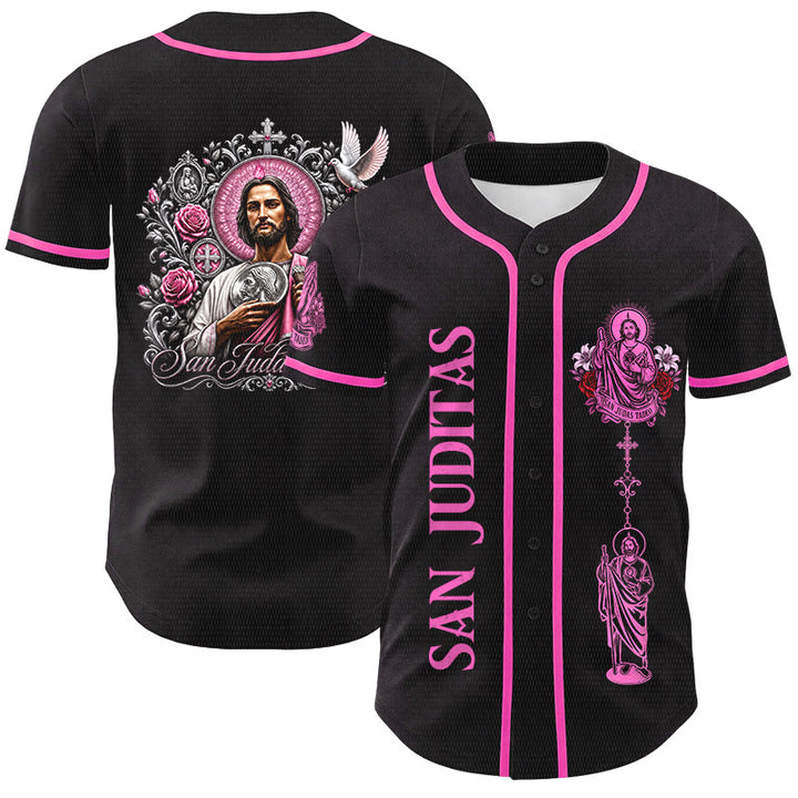 Christianartworkshop Vorderseite: Vertikales Rosenkranz-Motiv der Heiligen San Juditas; Rückseite: Porträt der Heiligen Lilie und Taube; Baseballtrikot mit Knopfleiste - Schwarz - Rosa - 5XL - image 3