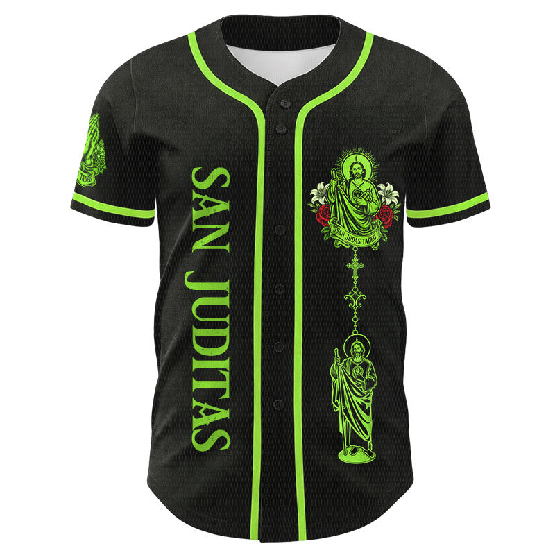 Christianartworkshop Vorderseite: Vertikales Rosenkranz-Motiv der Heiligen San Juditas; Rückseite: Porträt der Heiligen Lilie und Taube; Baseballtrikot mit Knopfleiste - image 1