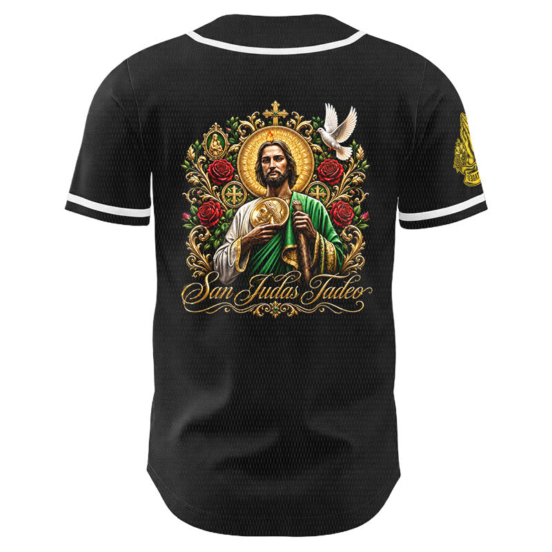 Christianartworkshop Vorderseite: Vertikales Rosenkranz-Motiv der Heiligen San Juditas; Rückseite: Porträt der Heiligen Lilie und Taube; Baseballtrikot mit Knopfleiste - image 8