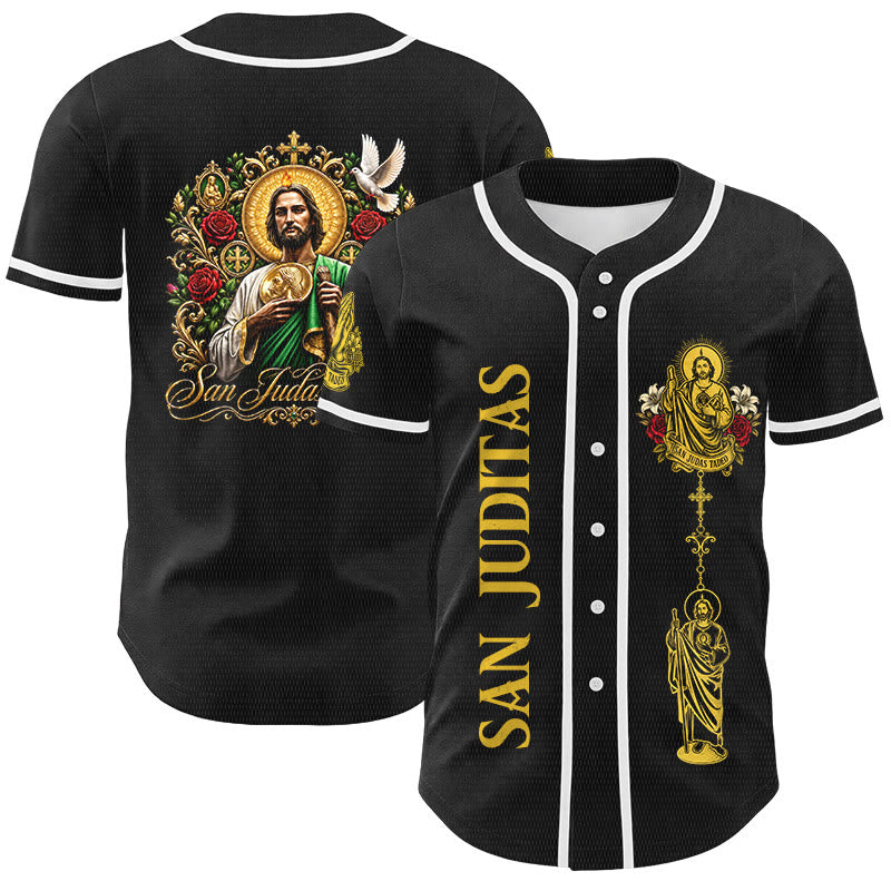 Christianartworkshop Vorderseite: Vertikales Rosenkranz-Motiv der Heiligen San Juditas; Rückseite: Porträt der Heiligen Lilie und Taube; Baseballtrikot mit Knopfleiste - Schwarz - Gelb - 5XL - image 6