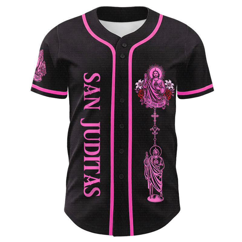Christianartworkshop Vorderseite: Vertikales Rosenkranz-Motiv der Heiligen San Juditas; Rückseite: Porträt der Heiligen Lilie und Taube; Baseballtrikot mit Knopfleiste - image 4