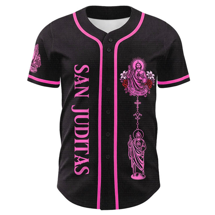 Christianartworkshop Vorderseite: Vertikales Rosenkranz-Motiv der Heiligen San Juditas; Rückseite: Porträt der Heiligen Lilie und Taube; Baseballtrikot mit Knopfleiste - image 4