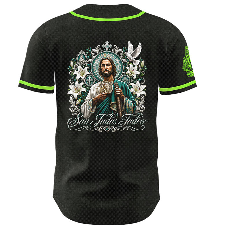 Christianartworkshop Vorderseite: Vertikales Rosenkranz-Motiv der Heiligen San Juditas; Rückseite: Porträt der Heiligen Lilie und Taube; Baseballtrikot mit Knopfleiste - image 2