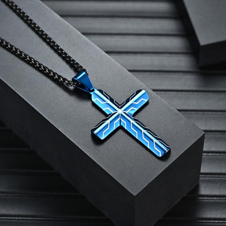 Christianartworkshop Glänzende goldene und blaue Kreuzanhänger-Halskette mit Blitzmuster: Zeitloses Symbol sanfter himmlischer Fürsorge - image 9
