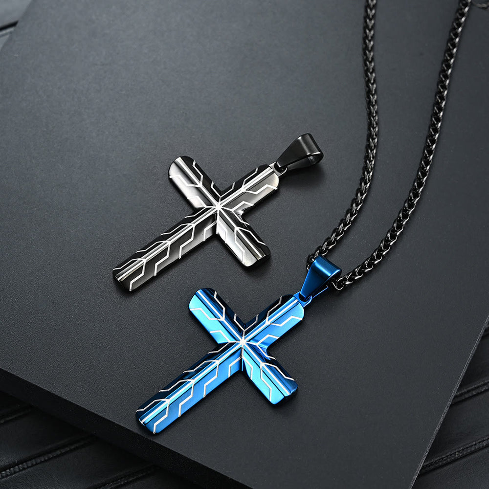 Christianartworkshop Halskette mit glänzend blauem Kreuzanhänger und Blitzmuster: Zeitloses Symbol sanfter himmlischer Fürsorge - image 1