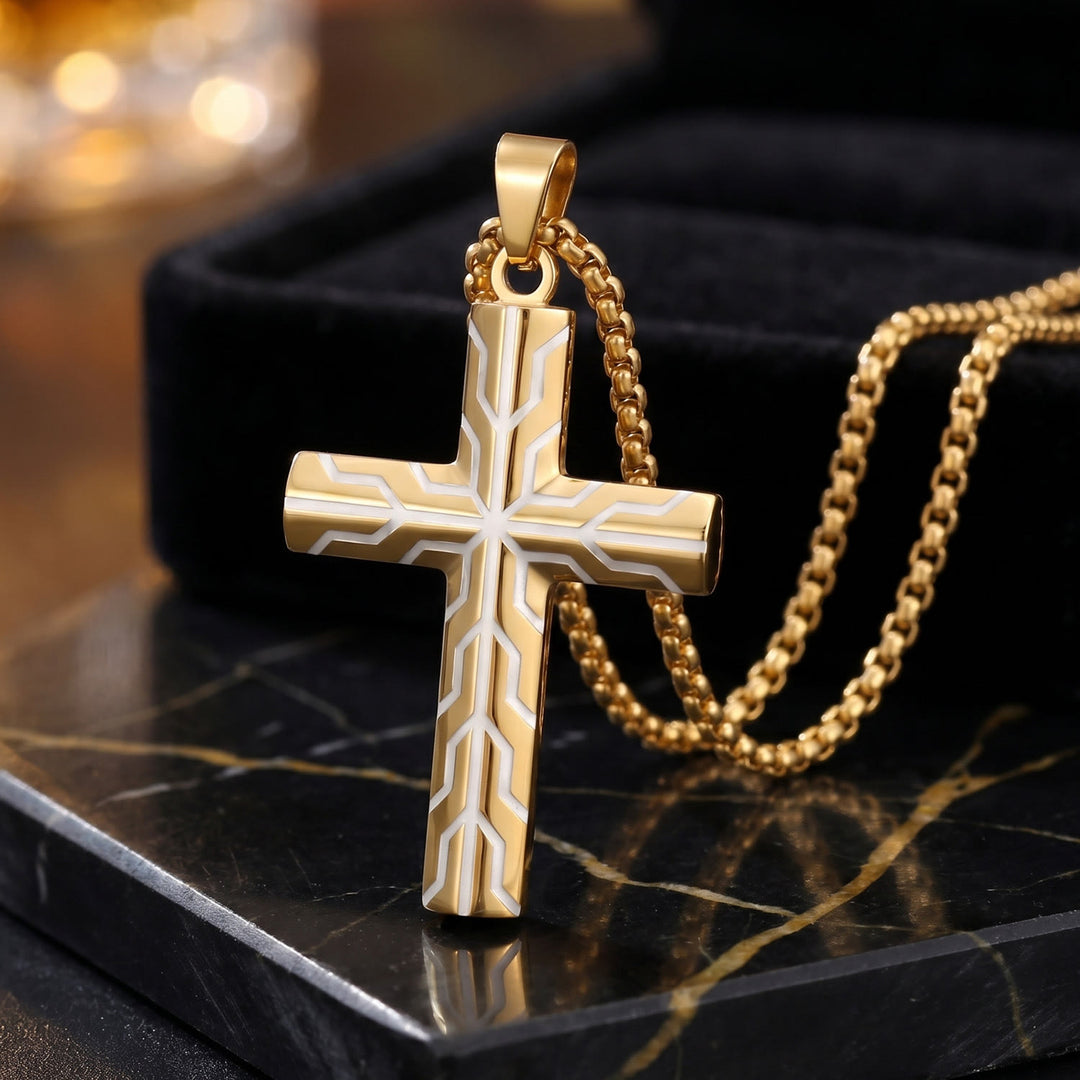 Christianartworkshop Glänzende goldene und blaue Kreuzanhänger-Halskette mit Blitzmuster: Zeitloses Symbol sanfter himmlischer Fürsorge - Golden - image 0