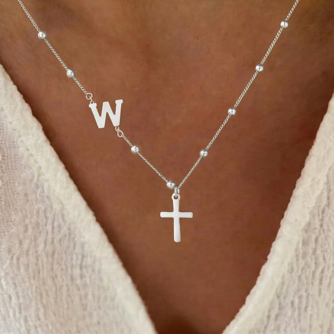 Christianartworkshop Personalisierte Halskette mit Kreuzanhänger und Initialen von A bis Z: Zeitloses Symbol sanfter himmlischer Fürsorge - Silber - W - image 48