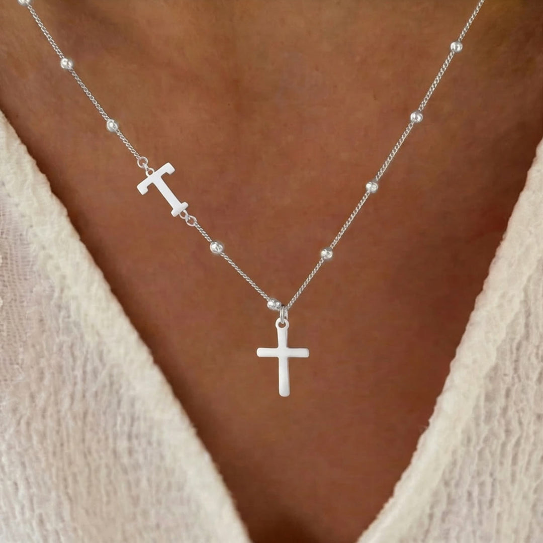 Christianartworkshop Personalisierte Halskette mit Kreuzanhänger und Initialen von A bis Z: Zeitloses Symbol sanfter himmlischer Fürsorge - Silber - T - image 45