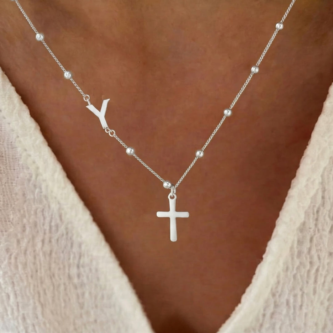 Christianartworkshop Personalisierte Halskette mit Kreuzanhänger und Initialen von A bis Z: Zeitloses Symbol sanfter himmlischer Fürsorge - Silber - Y - image 50