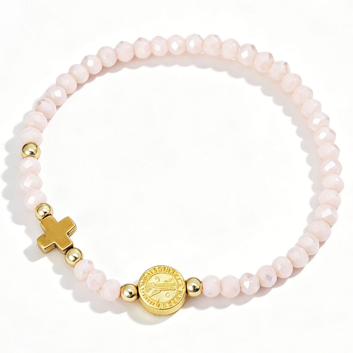 Christianartworkshop Mehrfarbiges Stretch-Armband mit St.-Benedikt-Medaille und Kreuz: Zeitloses Symbol sanfter himmlischer Fürsorge - Hellrosa - image 7