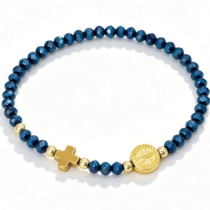 Christianartworkshop Mehrfarbiges Stretch-Armband mit St.-Benedikt-Medaille und Kreuz: Zeitloses Symbol sanfter himmlischer Fürsorge - Dunkelblau - image 5