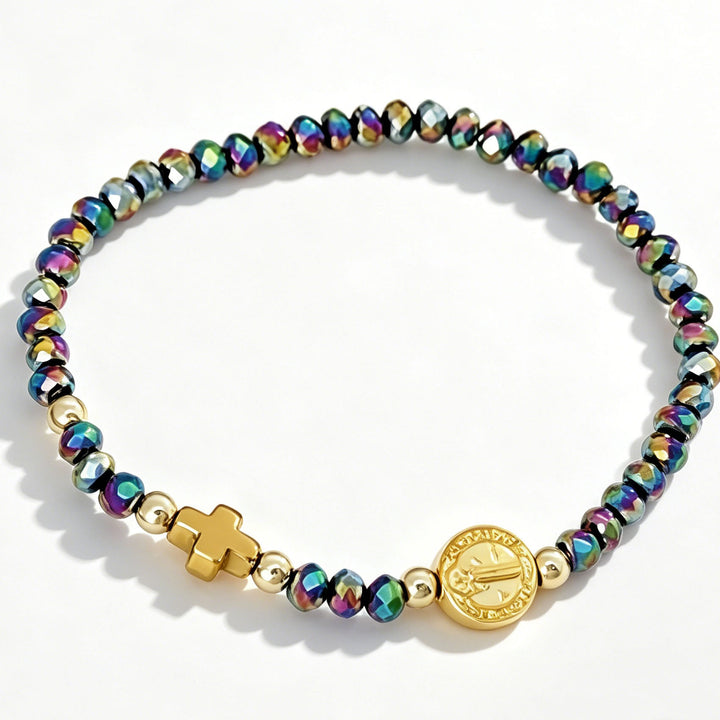 Christianartworkshop Mehrfarbiges Stretch-Armband mit St.-Benedikt-Medaille und Kreuz: Zeitloses Symbol sanfter himmlischer Fürsorge - Blaugrün - image 4
