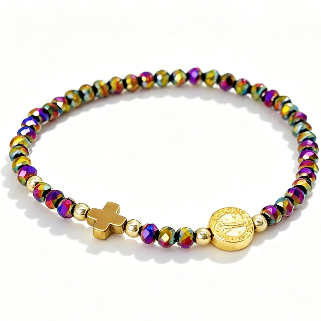 Christianartworkshop Mehrfarbiges Stretch-Armband mit St.-Benedikt-Medaille und Kreuz: Zeitloses Symbol sanfter himmlischer Fürsorge - Blauviolett - image 8