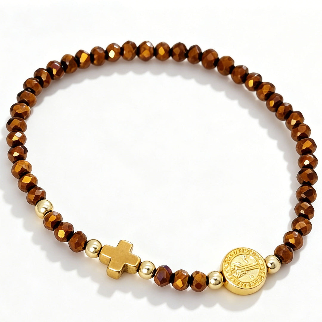 Christianartworkshop Mehrfarbiges Stretch-Armband mit St.-Benedikt-Medaille und Kreuz: Zeitloses Symbol sanfter himmlischer Fürsorge - Dunkelgelb - image 6