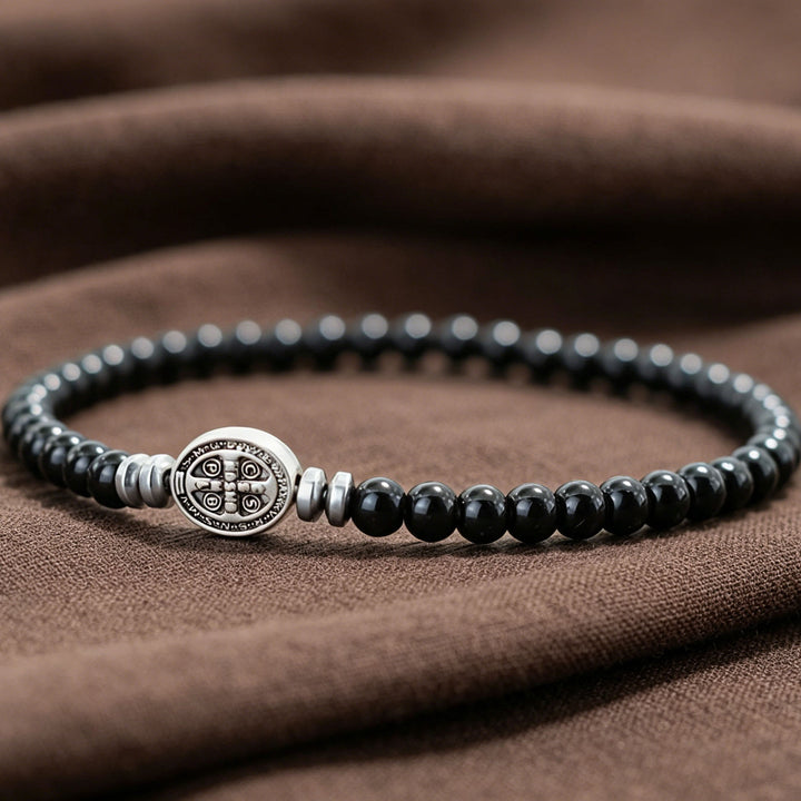 Christianartworkshop Armband mit der Medaille des Heiligen Benedikt aus Naturstein, einzeln dehnbar und stapelbar: Zeitloses Symbol sanfter himmlischer Fürsorge - Schwarzer Onyx - image 7