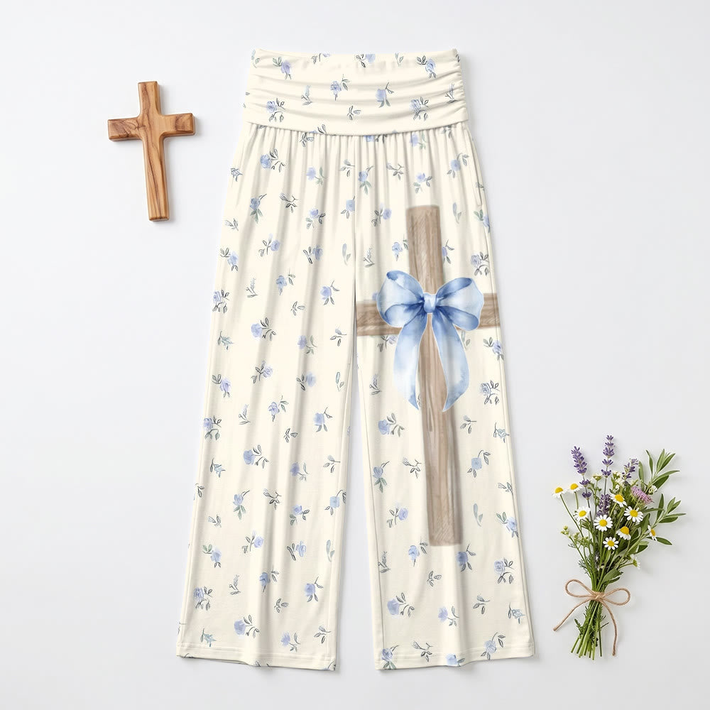 Christianartworkshop Hose mit weitem Bein, Aquarell-Muster mit zartem Blumenmuster, Holzstruktur, Kreuz und blauer Schleife, Verzierung, Kreuz und blauer Schleife - image 1