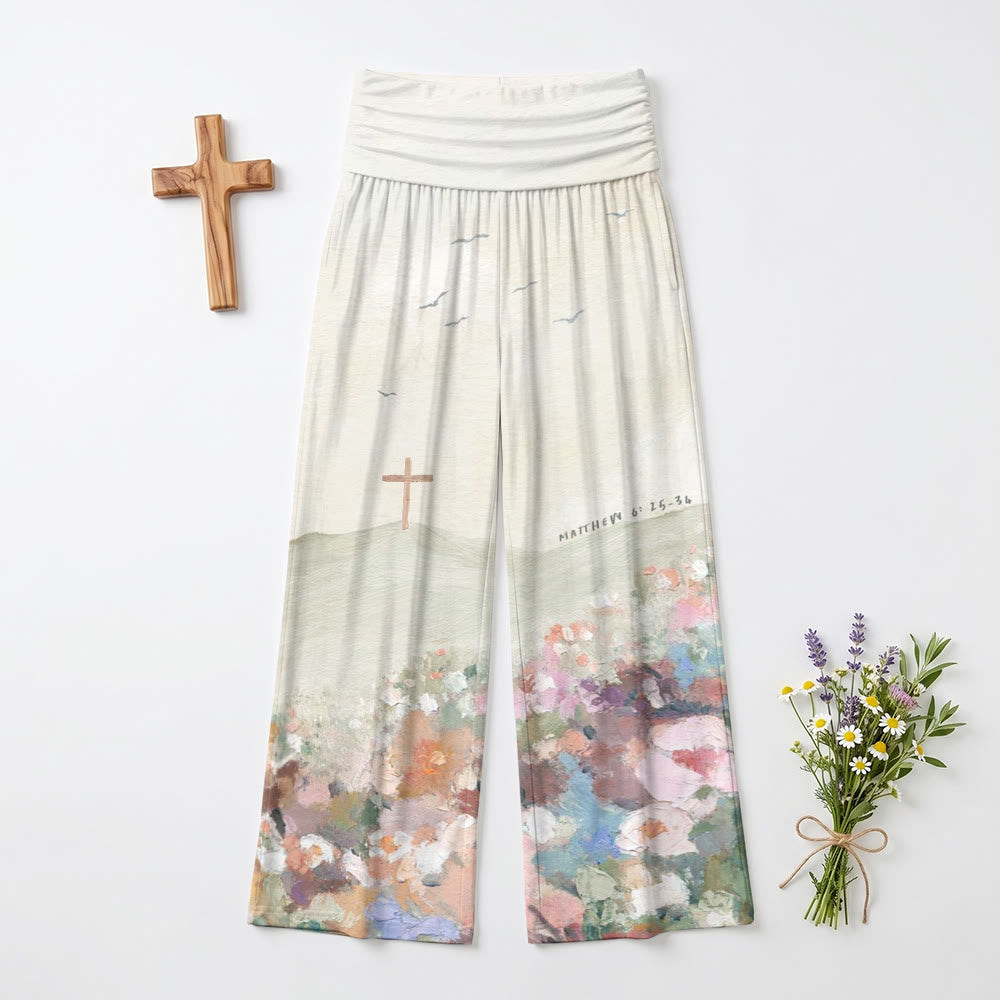 Christianartworkshop Impasto-Landschaftsmuster Kreuz Möwe Matthäus 6,25–34 Bibelvers-Print Hose mit hohem Bund und weitem Bein - US22, UK/AU26, EU54 (6XL) - image 0