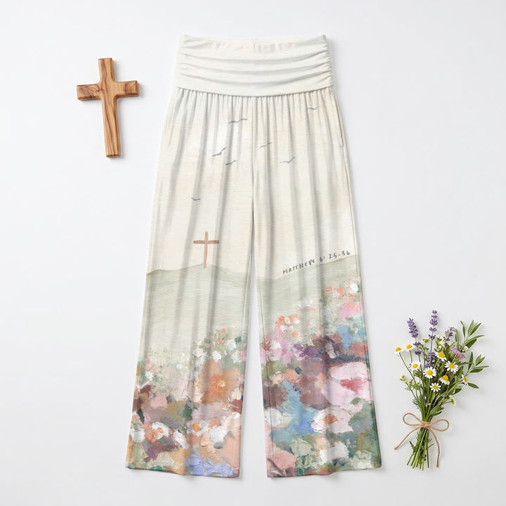Christianartworkshop Impasto-Landschaftsmuster Kreuz Möwe Matthäus 6,25–34 Bibelvers-Print Hose mit hohem Bund und weitem Bein - US22, UK/AU26, EU54 (6XL) - image 0