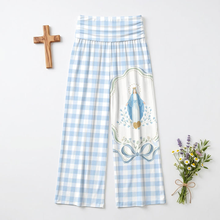 Christianartworkshop Hose mit hellem Vichy-Karo-Muster, Allover-Print, Schleifeneinsatz mit Heiligenschein und Jungfrau Maria, hoher Bund und weitem Bein - image 2