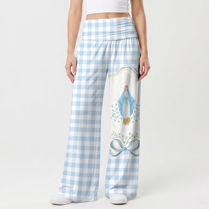 Christianartworkshop Hose mit hellem Vichy-Karo-Muster, Allover-Print, Schleifeneinsatz mit Heiligenschein und Jungfrau Maria, hoher Bund und weitem Bein - US22, UK/AU26, EU54 (6XL) - image 0