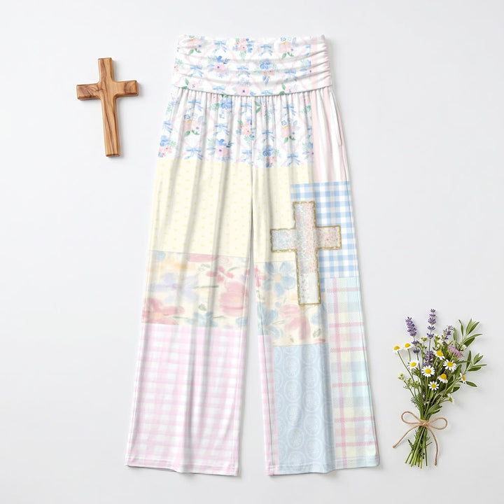 Christianartworkshop Patchwork-Hose mit verschiedenen Texturen, floralem Vichy-Karo-Muster, Glitzerbesatz, gekreuztem Bund und weitem Bein - image 1