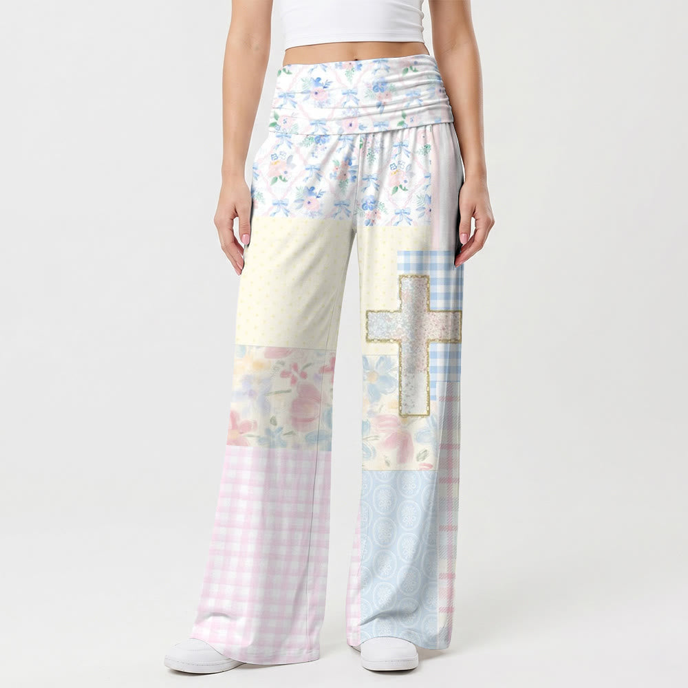 Christianartworkshop Patchwork-Hose mit verschiedenen Texturen, floralem Vichy-Karo-Muster, Glitzerbesatz, gekreuztem Bund und weitem Bein - US22, UK/AU26, EU54 (6XL) - image 0