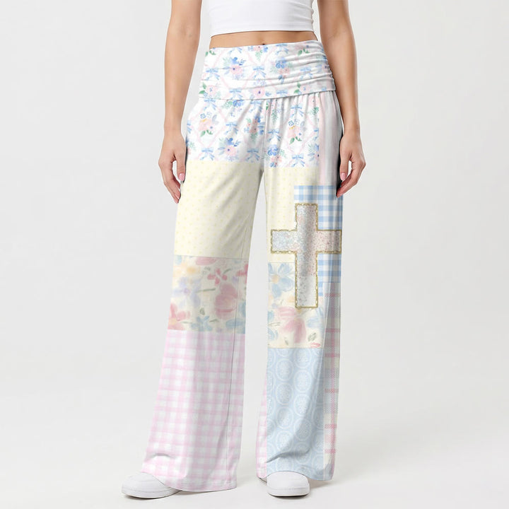 Christianartworkshop Patchwork-Hose mit verschiedenen Texturen, floralem Vichy-Karo-Muster, Glitzerbesatz, gekreuztem Bund und weitem Bein - US22, UK/AU26, EU54 (6XL) - image 0