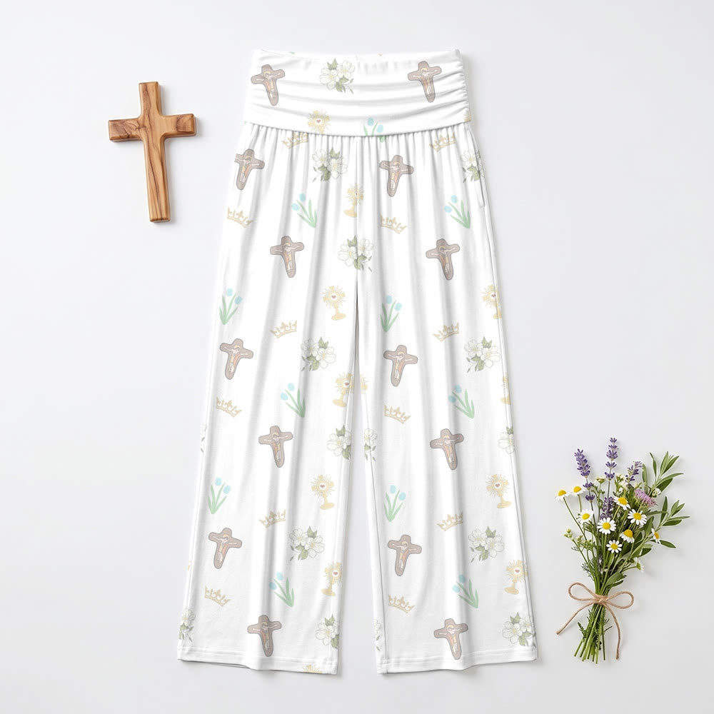 Christianartworkshop Hose mit Allover-Print, Kreuz, Krone, Eucharistie, weißen Blüten und Tulpenmotiven, hoher Bund und weitem Bein - image 2