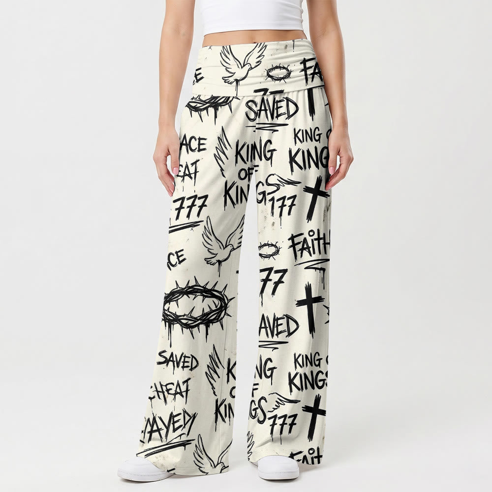 Christianartworkshop Graffiti-Stil, Dornenkrone, Taube, Kreuz, Schriftzug „Glaube gerettet“, hochgeschnittene Hose mit weitem Bein und Allprint. - US22, UK/AU26, EU54 (6XL) - image 0