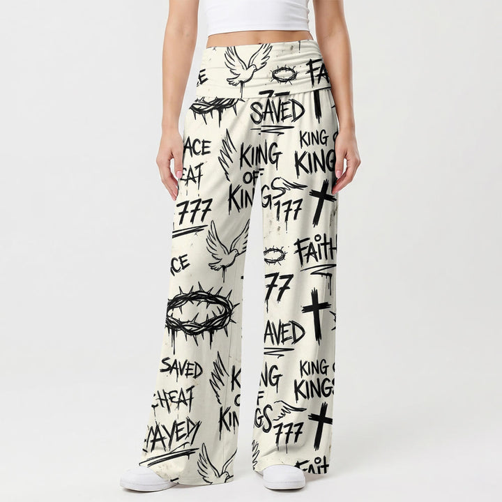 Christianartworkshop Graffiti-Stil, Dornenkrone, Taube, Kreuz, Schriftzug „Glaube gerettet“, hochgeschnittene Hose mit weitem Bein und Allprint. - US22, UK/AU26, EU54 (6XL) - image 0