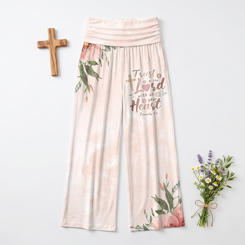 Christianartworkshop Hintergrund mit verwaschenem Rosa-Farbverlauf, Ecke mit Pfingstrosenkreuz, Bibeltext aus Sprüche 3,5, Hose mit hohem Bund und weitem Bein - image 2