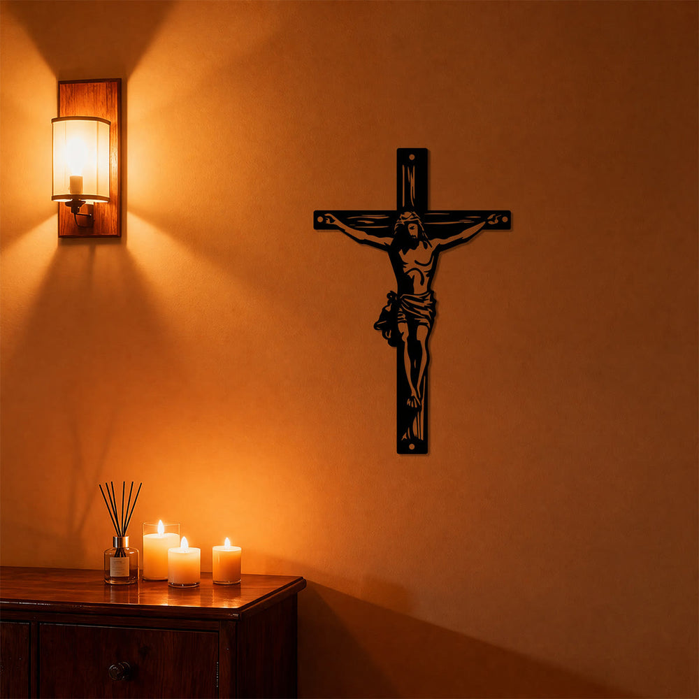 Christianartworkshop Jesus-Kreuz-Silhouette als Wanddekoration aus Metall: Zeitloses Symbol der heiligen, erlösenden Gnade - image 1