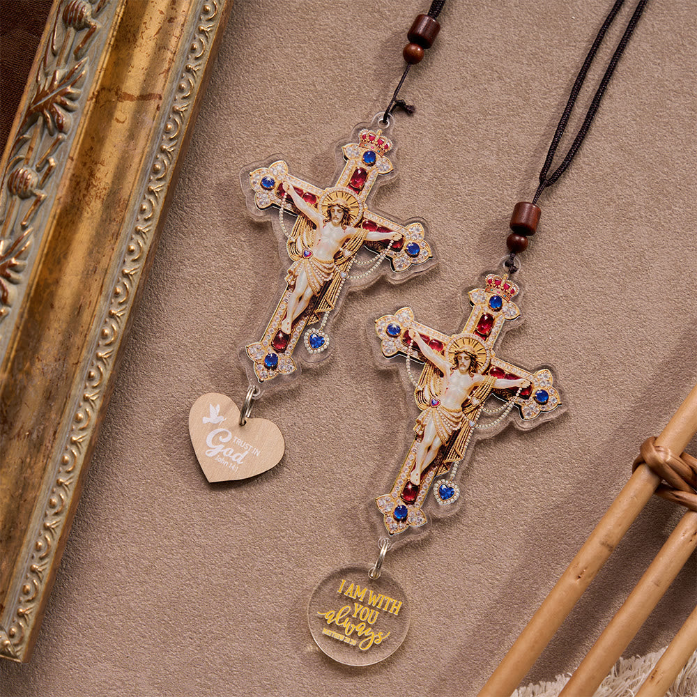 Christianartworkshop Vintage-Kruzifix aus geflochtener Kordel mit Glaubensbotschaft als Autoanhänger: Eine Erinnerung an Gottes barmherzigen Schutz auf jeder Reise - image 0