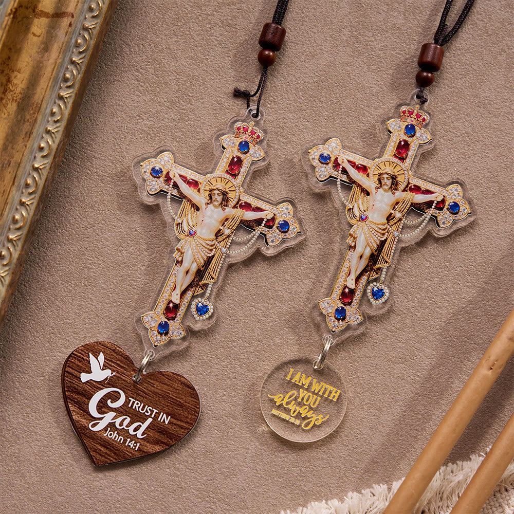 Christianartworkshop Vintage-Kruzifix aus geflochtener Kordel mit Glaubensbotschaft als Autoanhänger: Eine Erinnerung an Gottes barmherzigen Schutz auf jeder Reise - image 1