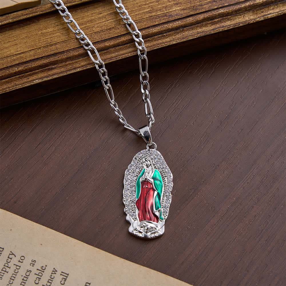 Christianartworkshop Eleganter Anhänger mit Sonnenstrahlenrand, emailliert, Jungfrau von Guadalupe, an einer dicken Figaro-Kette - Silberrot - image 14